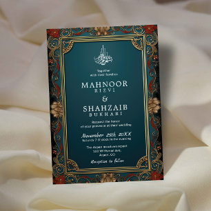 Vintage Floral Gold Frame Islamic Wedding Monogram Invitation