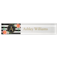 Vintage Floral Gold Monogram Black White Stripe