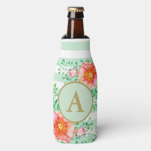 Vintage Floral Gold Monogram Mint White Striped Bottle Cooler