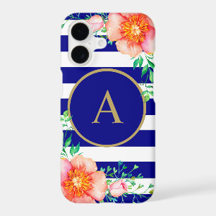 Vintage Floral Gold Monogram Navy White Striped
