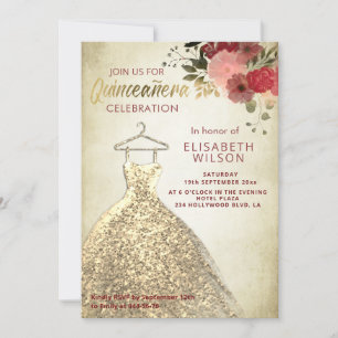 Vintage Floral gold sequins dress Quinceañera  Invitation