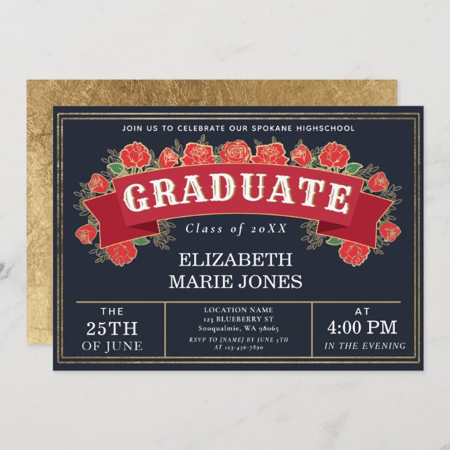 Vintage Floral Graduation Party Invitation (Front/Back)