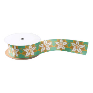 Vintage Floral green and yellow Jonquil pattern Satin Ribbon