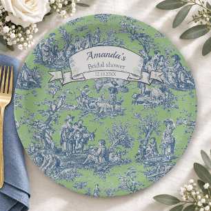 Vintage floral green blue toile de jouy shower  paper plate