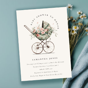 Vintage Floral Green Blush Stroller Baby Shower Invitation