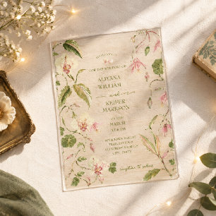 Vintage Floral Green & Pink Flower Vine Wedding Acrylic Invitations