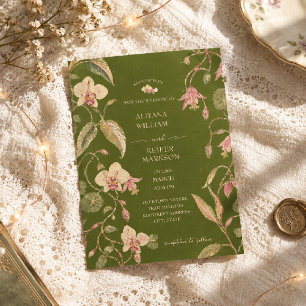 Vintage Floral Green & Pink Flower Vine Wedding Invitation