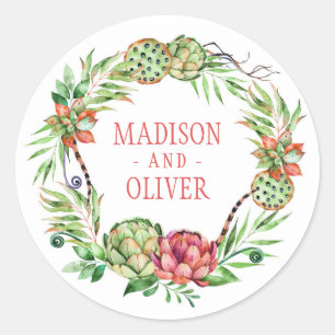 Vintage Floral Green & Pink Succulent   Wedding Classic Round Sticker