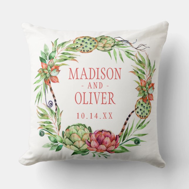 Vintage Floral Green & Pink Succulent | Wedding Cushion (Front)