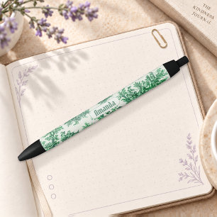 Vintage floral green toile jouy monogram black ink pen