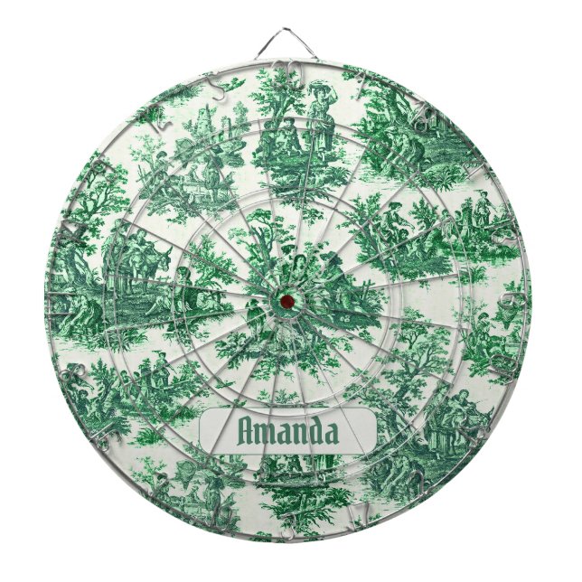 Vintage floral green toile jouy monogram dartboard (Front)