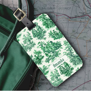 Vintage floral green toile jouy monogram luggage tag