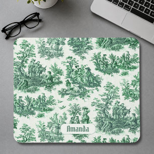 Vintage floral green toile jouy monogram mouse pad