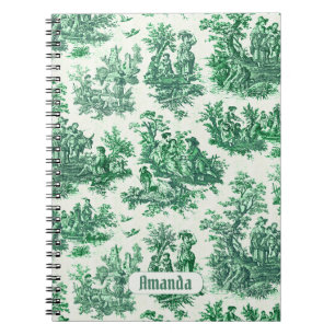 Vintage floral green toile jouy monogram notebook