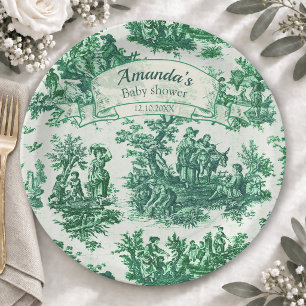 Vintage floral green toile jouy monogram paper plate