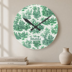 Vintage floral green toile jouy monogram round clock