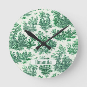 Vintage floral green toile jouy monogram round clock