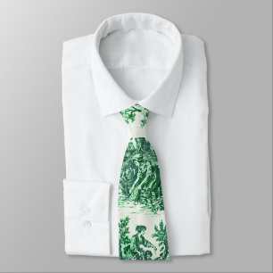 Vintage floral green toile jouy tie