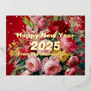 Vintage Floral Happy New Year 2025 Foil Holiday Postcard