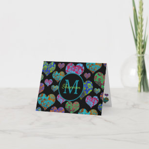 Vintage floral heart pattern initial name monogram note card