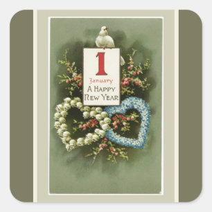 Vintage Floral Hearts and Dove Happy New Year Square Sticker