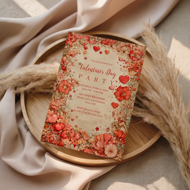 Vintage Floral Hearts Valentine Party Invitation (Creator Uploaded)