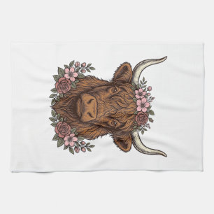 Vintage Floral Highland Cow Vector Shirt Design_1 Tea Towel