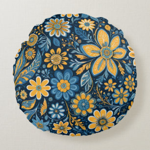 Vintage floral Hippie design yellow blue Round Cushion