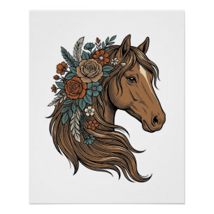 Vintage Floral Horse Head Vector Design_1 Poster