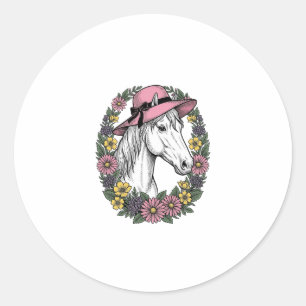 Vintage Floral Horse Portrait Vector Art Design Classic Round Sticker