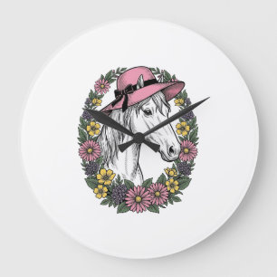 Vintage Floral Horse Portrait Vector Art Design Large Clock