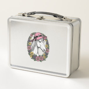 Vintage Floral Horse Portrait Vector Art Design Metal Lunch Box