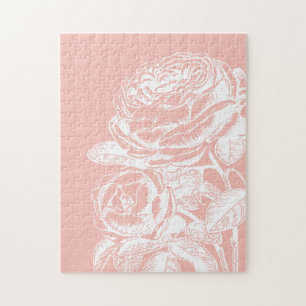 Vintage Floral Illustration Blush Pink Botanical Jigsaw Puzzle