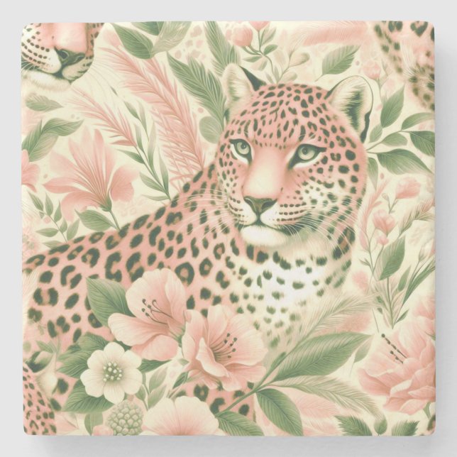 Vintage Floral Jungle Leopard Stone Coaster (Front)