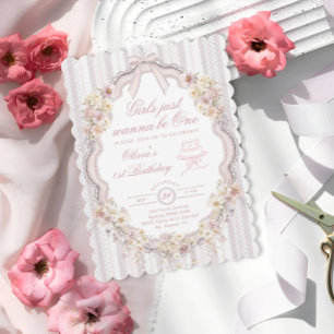 Vintage Floral Just Wanna be One First Birthday Invitation