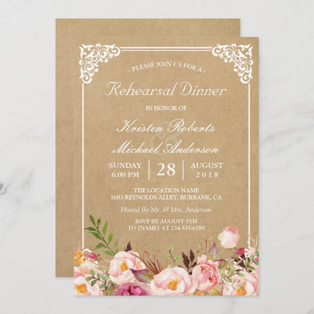 Vintage Floral Kraft | Wedding Rehearsal Dinner Invitation (Front/Back)
