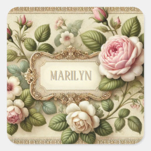 Vintage Floral Label Roses Elegant Gold Border