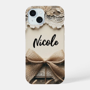 Vintage Floral Lace Burlap Rustic Wedding iPhone 15 Case