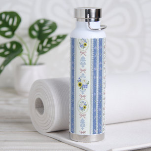 Vintage Floral Lace Soft Blue Pink Cottagecore Water Bottle