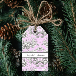 Vintage floral lake pink toile de jouy monogram gift tags