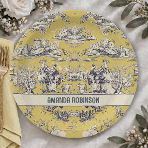 Vintage floral lake yellow toile de jouy monogram paper plate