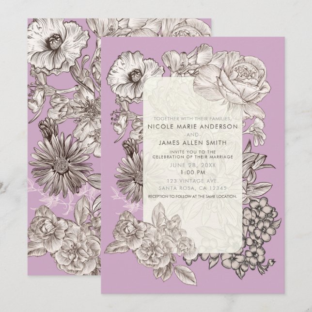 Vintage Floral Lavender Purple Modern Wedding  Invitation (Front/Back)