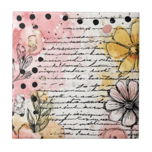 Vintage Floral Letter with Pink & Yellow Flowers Ceramic Tile