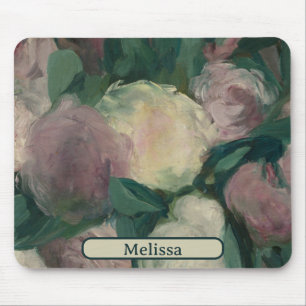 Vintage Floral Manet Painting of Peonies Your Name Mouse Pad