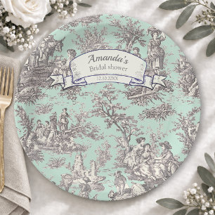 Vintage floral mint grey toile de jouy  paper plate