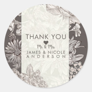 Vintage Floral Modern Ivory & Grey Wedding Favour Classic Round Sticker
