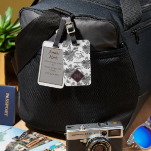 vintage floral monochrome monogram personalise luggage tag