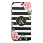 Vintage Floral Monogram Black White Striped