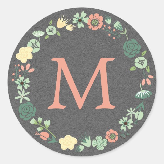 VINTAGE FLORAL MONOGRAM CLASSIC ROUND STICKER (Front)