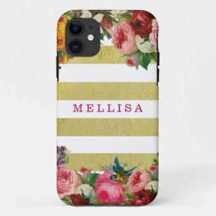 Vintage Floral Monogram Gold White Stripes iPhone 11 Case
